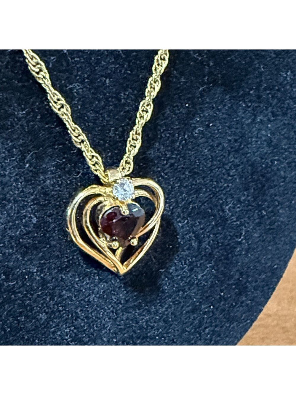 Korea stamped gold tone faux garnet and diamond heart pendant necklace